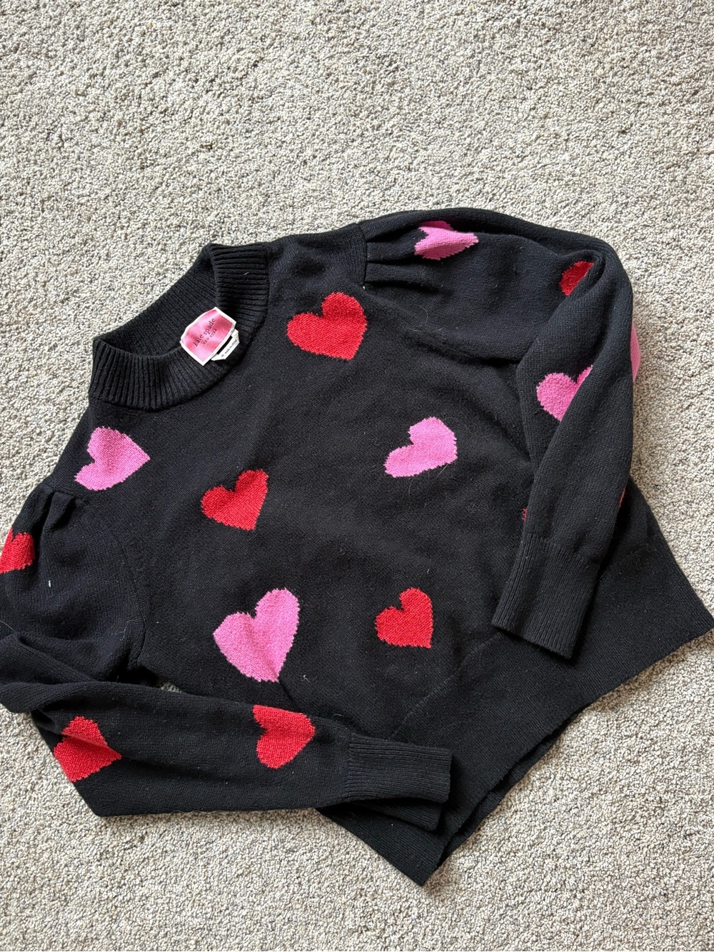 kate spade Black Crewneck Sweater with Pink and Red Hearts